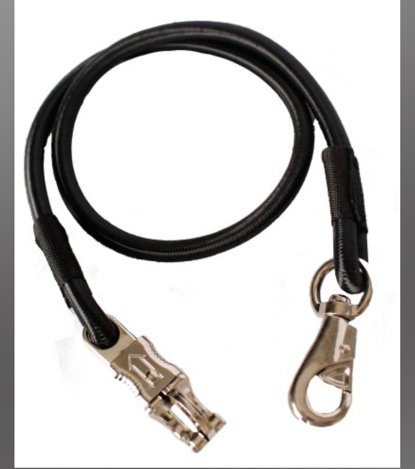 48" black bungee cross tie with quick release panic snap and heavy duty bull snap.
